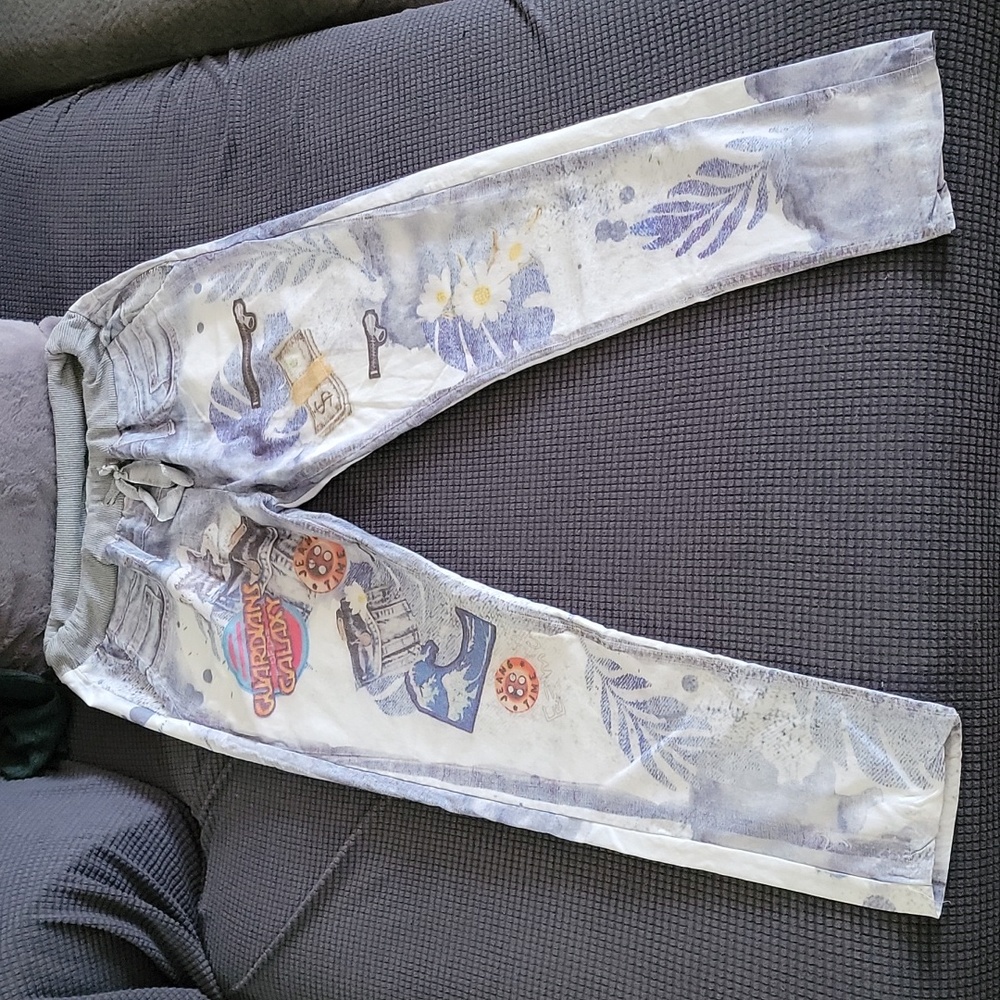 Stylish Modern Grey Blue Jean Print Sweatpants sz TU (one size)